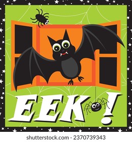 Halloween background with cute bat on the window