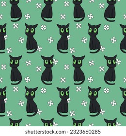 Halloween background with cute black cat on Halloween night.