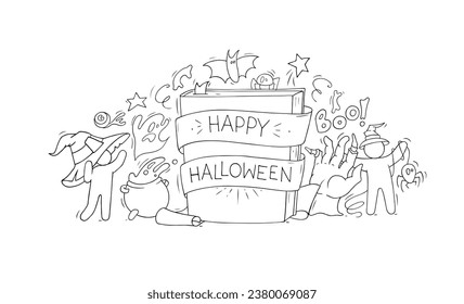 Antecedentes de Halloween con lindo libro de magia de doodle, fantasmas espeluznantes, murciélagos y mano zombie. Afiche de Halloween con personajes felices con disfraces de brujas, ilustración dibujada a mano vectorial