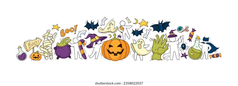 Halloween background with cute doodle pumpkin, spooky ghosts, bats and zombie hand. Halloween poster with happy characters in witch and mummy costumes, vector hand drawn illustration