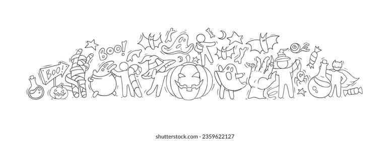 Halloween background with cute doodle pumpkin, spooky ghosts, bats and zombie hand. Halloween poster with happy characters in witch and mummy costumes, vector hand drawn illustration