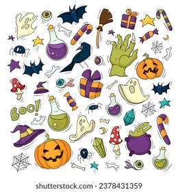 Fondo de Halloween con calabaza de doodle tierno, fantasmas espeluznantes, murciélagos y mano zombie. Iconos de Halloween establecidos con elementos bonitos, ilustración dibujada a mano vectorial