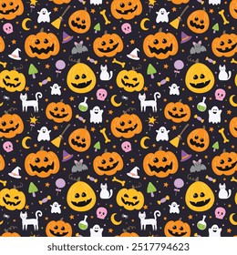 Halloween background with cute elements. Seamless pattern design. Vector illustration