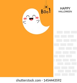 Halloween background with cute flying ghost and spider, Spooky cartoon character for kids.