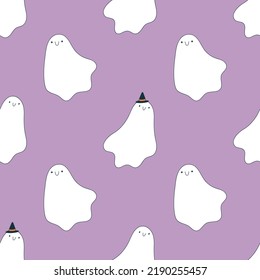 Halloween background with cute flying ghosts. Cartoon vector seamless pattern.