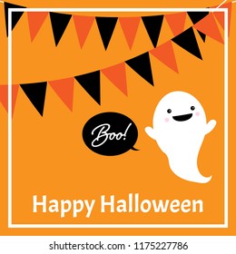 Halloween background of cute ghost with buntings Boo!, flags with and Happy Halloween text. Spooky character. Vector illustration design for Invitation to party or greeting card or banner.