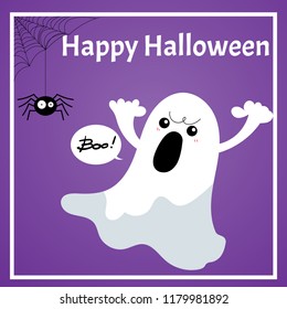 Halloween background with cute ghost with buntings with Boo and Happy Halloween text. Spooky character. Vector illustration design for Invitation to party or greeting card or banner.