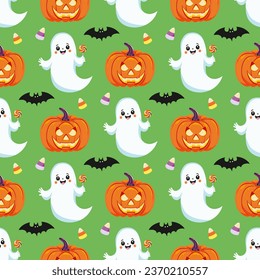 Halloween background with cute ghost, candy, jack o lantern, bat. Seamless childrens pattern. For wallpaper, gift paper, fabric, holiday decoration, greeting cards. Vector illustration.