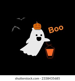 Halloween background cute ghost. The ghost and orange lantern in black background with a flying bat.