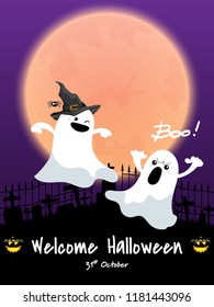 Halloween background of cute ghost playing together in graveyard on full moon sky and Welcome Halloween text with Halloween pumpkins. Vector illustration.