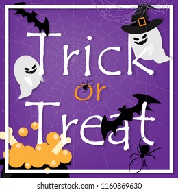 Halloween background of cute ghost wearing witch hat with magic potion pot, spider with cobweb, flying bats and Trick or treat text on purple background. Vector illustration.