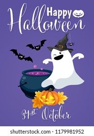 Halloween background of cute ghost in witches costume with spider, Halloween pumpkin lantern, autumn leaves, magic pot, flying bats and Happy Halloween 31st October text on purple background.