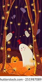 Halloween background, cute ghosts and  pumpkin in night holiday forest adorned  garland and grinning jack-o'-lanterns. Moonlit forest. Vector poster