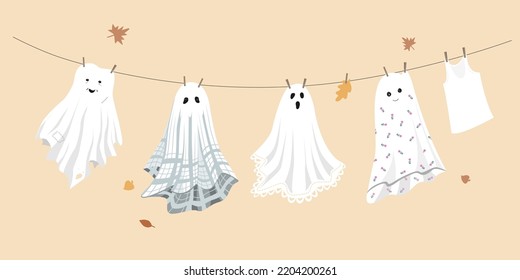 Halloween background with cute ghosts sheets drying on the rope. Funny vector illustration.