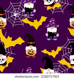 Halloween background with cute gnomes. Seamless pattern, vector illustartion.
