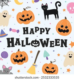 Halloween background with cute hand drawn icons in retro style. Vector illustration