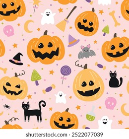 Halloween background with cute icons. Seamless pattern concept. Vector illustration