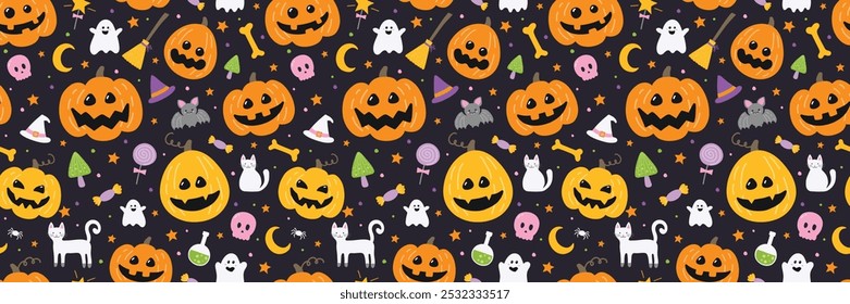 Plano de fundo de Halloween com ícones bonitos. Conceito de padrão contínuo. Ilustração vetorial