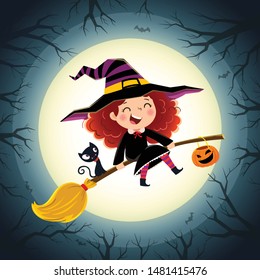 Halloween background with cute little girl witch and kitten flying on a broom.