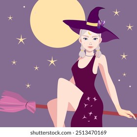 Halloween background with cute little girl witch and kitten flying on a broom. witch flying on a broom against the backdrop of the stars of the night sky