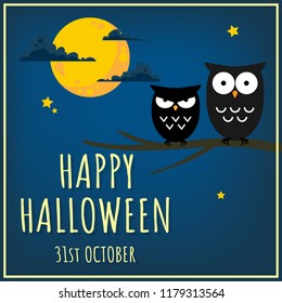 Halloween background of cute owls on tree branch, tiny star, full moon sky with cloud and Happy Halloween 31st October text. Vector illustration design for Invitation to party or greeting card.