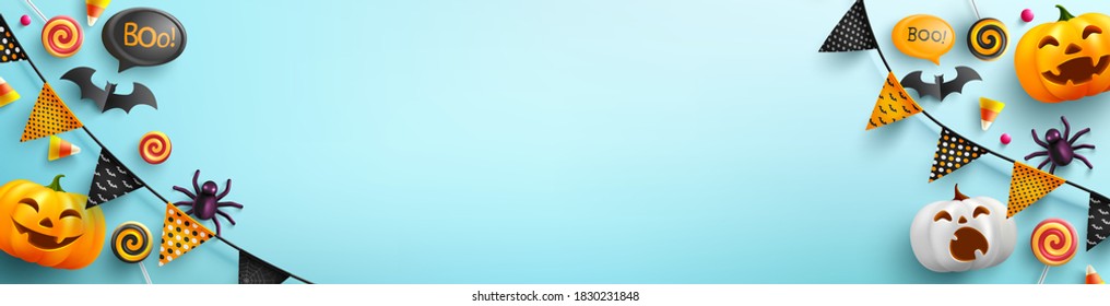 Halloween Background with cute halloween pumpkin and candy on light blue background.Website spooky,Background or banner Halloween template.