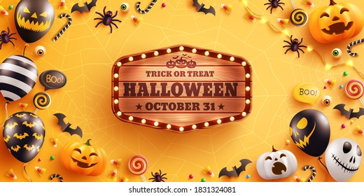 Halloween Background with cute halloween pumpkin,bat,spider and candy on yellow background. Website spooky,Background or banner Halloween template.Vector illustration.