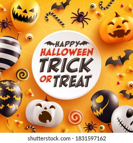 Halloween Background with cute halloween pumpkin,bat,spider and candy on yellow background. Website spooky,Background or banner Halloween template.Vector illustration.