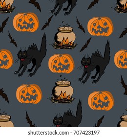 Halloween background. Cute seamless pattern. Hand drawn illustration. 