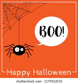 Halloween background with cute spider with cobweb and Happy Halloween text.