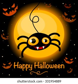 Halloween background with a cute spider over the full moon landscape