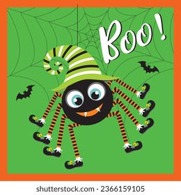 Halloween background with cute spider and witch hat