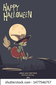 Halloween background with cute witch flying on her broom on a full moon night. Vector illustration