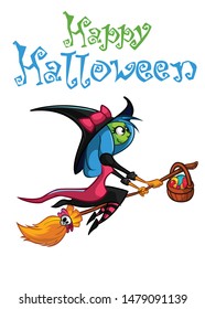 Halloween background with cute witch flying on her broom. Vector illustration