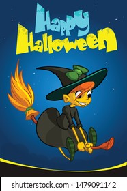 Halloween background with cute witch flying on her broom. Vector illustration
