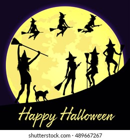 Halloween background with dancing and flying witches, shining fool moon and lettering Happy Halloween.