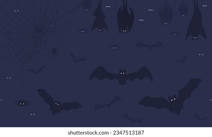 Halloween background with dark bats and spiders. Vector Halloween Illustration.