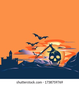 Halloween Hintergrund mit einer dunklen Burg, Fledermäuse und einem Schädel mit Axt. Vector Illustrationsvorlage für Einladung, Plakat oder Flyer.