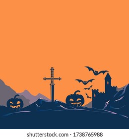 Halloween background with a dark castle, bats, pokes and a sword. Vector illustration template for invitation, poster or flyer.