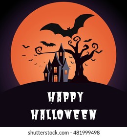 Halloween background. Halloween dark castle gnarled tree with full Moon and flying bats design background. Cartoon Vector Illustration.