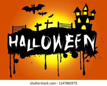 Halloween background, dark castle on full Moon background, Happy Halloween message design. - vector illustration.