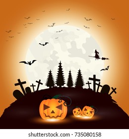Halloween background. Dark cemetery with pumpkins head, witch and the moon