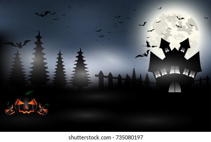Halloween background. Dark cemetery with pumpkins head, witch and the moon