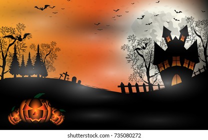 Halloween background. Dark cemetery with pumpkins head, witch and the moon