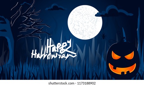 Halloween Background of dark graveyard and scary pumpkin