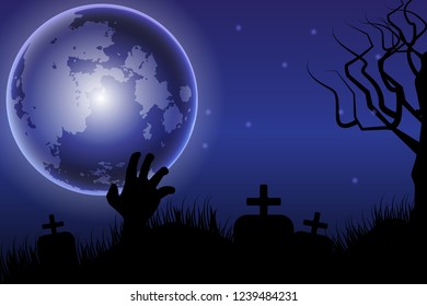 Halloween background with the dark night  full moon, zombie hands, tombstone ,silhouettes of flying bats.Vector illustration.