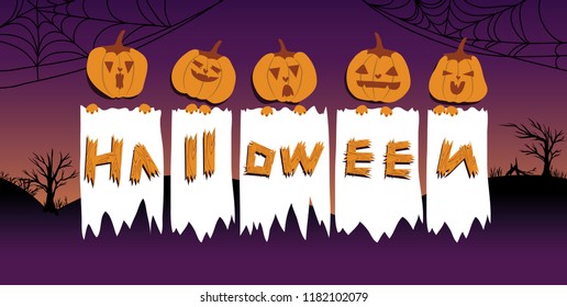 Halloween background of dark silhouette with different emotional expressions of pumkin.