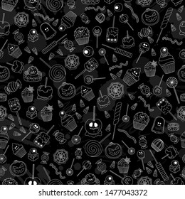 Halloween background. Dark spooky print. Halloween treats on black background.Candy corn, apples, jelly, cupcakes. Collection Halloween traditional sweets icons. Hand drawn chalk style texture.