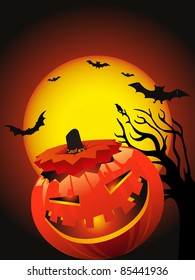 halloween background with dead tree, fly owl & big scary pumpkin