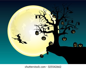 Halloween background with dead tree, jack o lanterns, full moon and a witch